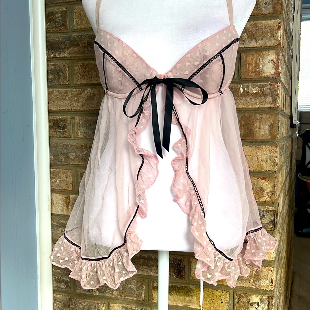 Sexy Little Things Victorias Secret Pink Lace Babydoll Lingerie Ribbon